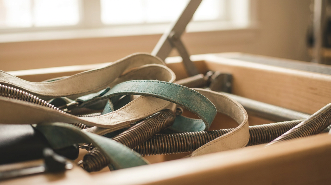 Reformer springs and straps in soft studio light