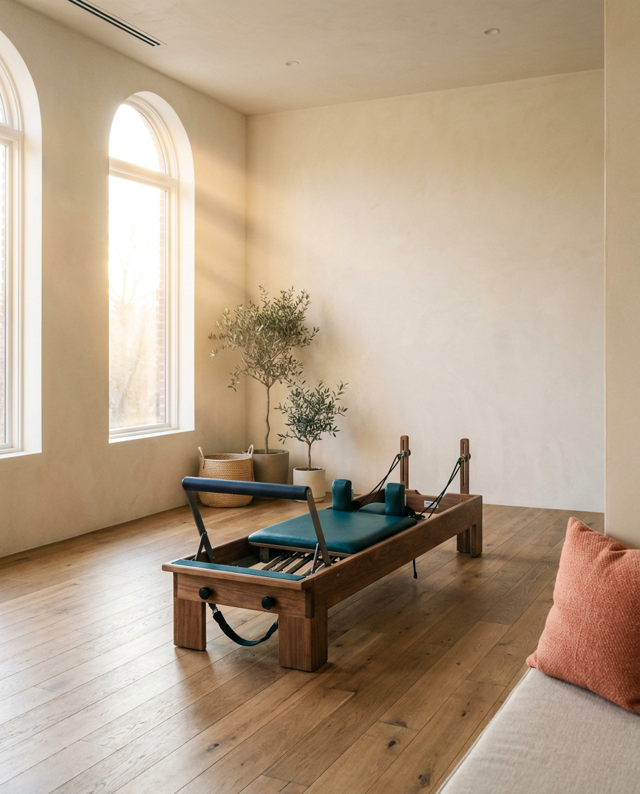 Sun-drenched Pilates studio featuring professional reformer equipment with warm wooden accents