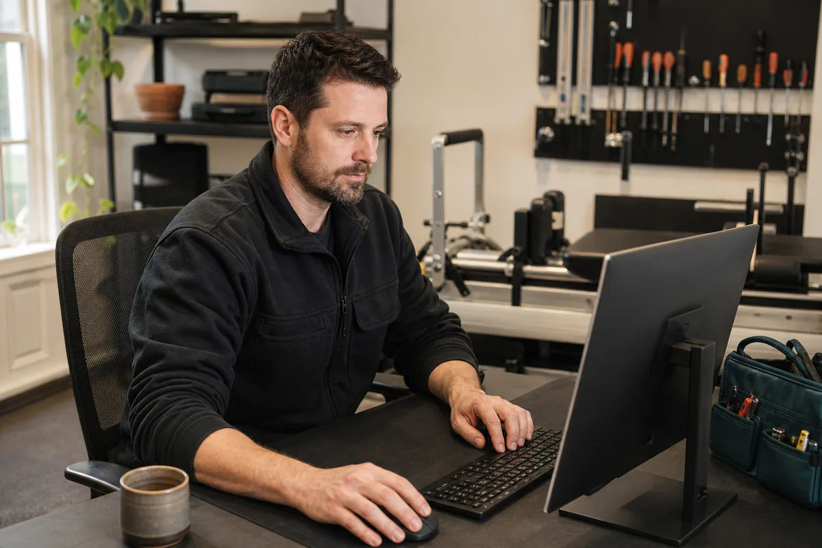 A Pilates equipment engineer reviewing a service request in his workshop