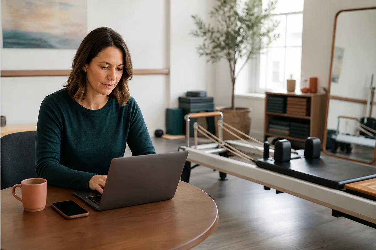 A Pilates studio owner submitting a reformer service request on a laptop