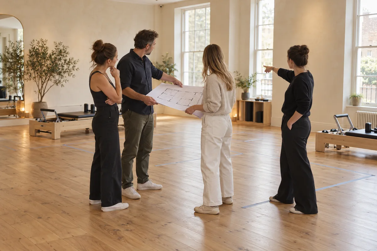 Studio owners and a fit-out specialist reviewing a floor plan and equipment positions in a new Pilates studio