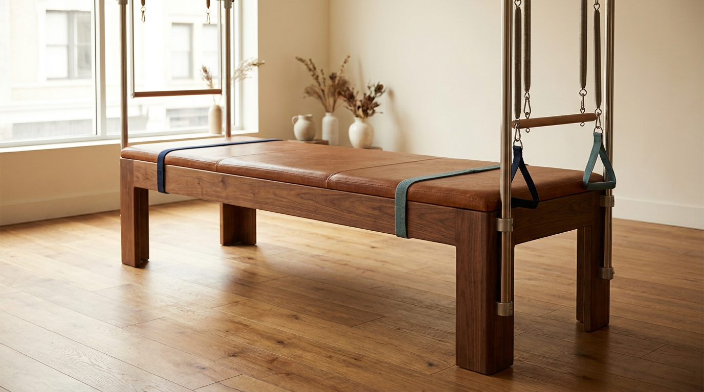 Pilates Cadillac trapeze table in a bright studio