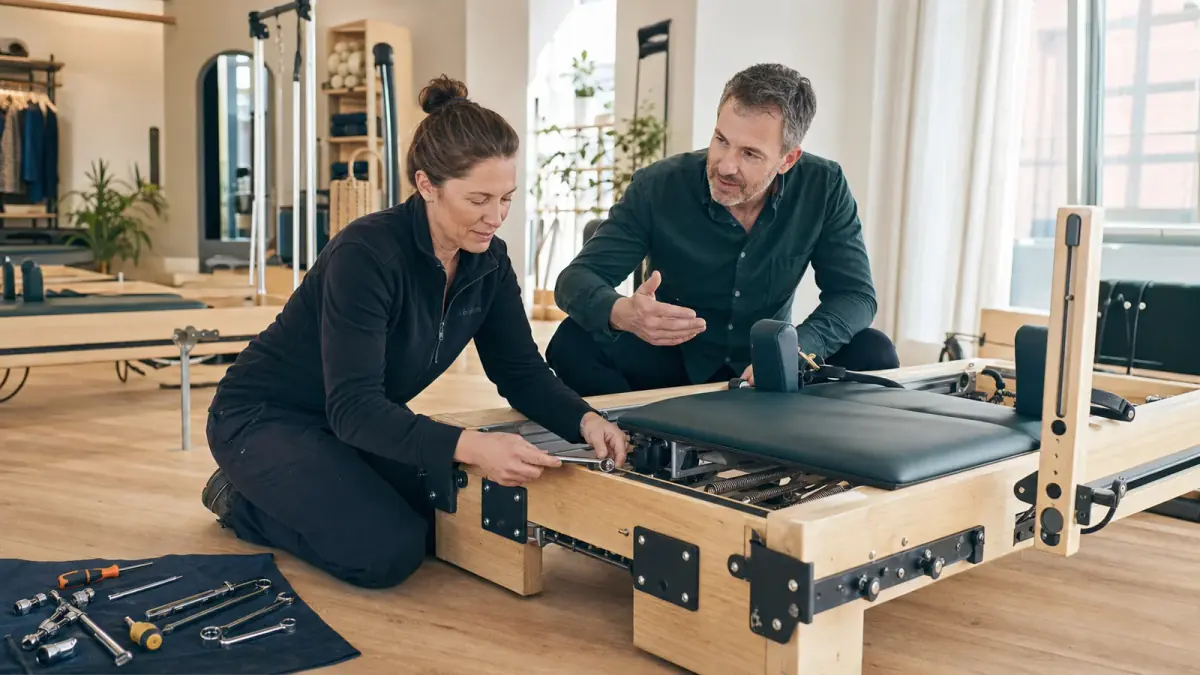 Pilates equipment engineer repairing a reformer with a studio manager present